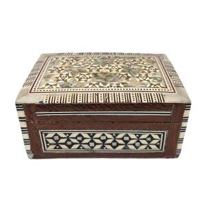 Marquetry Inlay Wood Box Desert Designs Mother of Pearl Trinket Bone Egypt